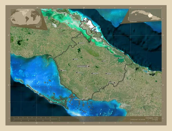 Camaguey Prowincja Kuba Mapa Satelity Wysokiej Rozdzielczości Lokalizacje Nazwy Głównych — Zdjęcie stockowe