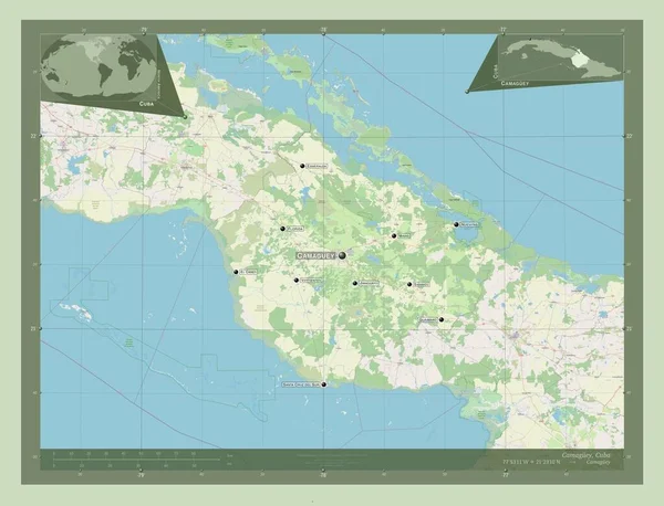古巴卡马圭省 开放街道地图 该区域主要城市的地点和名称 角辅助位置图 — 图库照片