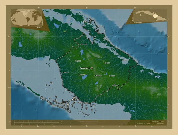 Camaguey Prowincja Kuba Kolorowa Mapa Wzniesień Jeziorami Rzekami Lokalizacje Nazwy — Zdjęcie stockowe