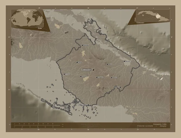 キューバのカマグエイ州 湖や川とセピアトーンで着色された標高マップ 地域の主要都市の位置と名前 コーナー補助位置図 — ストック写真