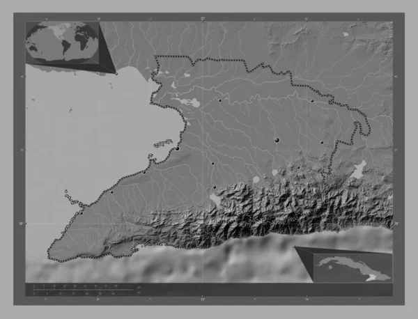 格拉玛 古巴省 带湖泊和河流的比尔维尔高程图 该区域主要城市的所在地点 角辅助位置图 — 图库照片