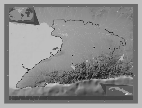 格拉玛 古巴省 带有湖泊和河流的灰度高程图 该区域主要城市的所在地点 角辅助位置图 — 图库照片