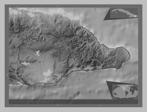キューバの州 グアンタナモ 湖や川とグレースケールの標高マップ 地域の主要都市の場所 コーナー補助位置図 — ストック写真