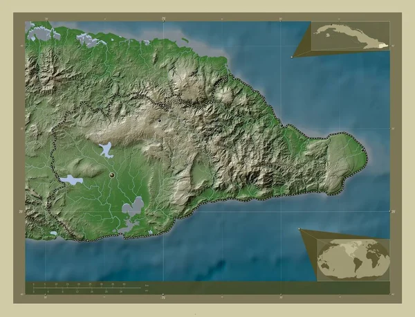 古巴关塔那摩省 用Wiki风格绘制的带有湖泊和河流的高程地图 该区域主要城市的所在地点 角辅助位置图 — 图库照片