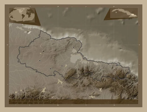 Holguin Province Cuba Elevation Map Colored Sepia Tones Lakes Rivers — Stock Photo, Image