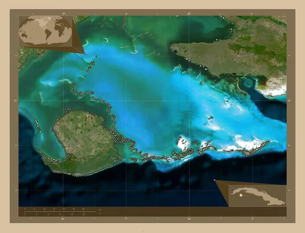 Isla Juventud 古巴省低分辨率卫星地图 角辅助位置图 — 图库照片