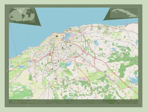 キューバの州 ハバーナ ストリートマップを開く 地域の主要都市の場所 コーナー補助位置図 — ストック写真
