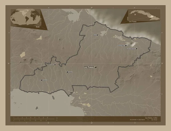 Λας Τούνας Επαρχία Της Κούβας Υψόμετρο Χάρτη Χρωματισμένο Τόνους Σέπια — Φωτογραφία Αρχείου