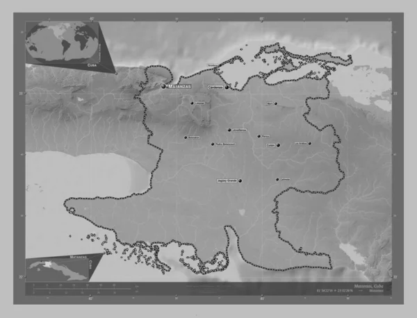 Matanzas Kuba Tartomány Szürkeárnyas Térkép Tavakkal Folyókkal Régió Nagyvárosainak Elhelyezkedése — Stock Fotó