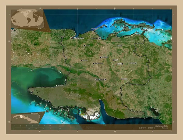 古巴马坦萨斯省 低分辨率卫星地图 该区域主要城市的地点和名称 角辅助位置图 — 图库照片