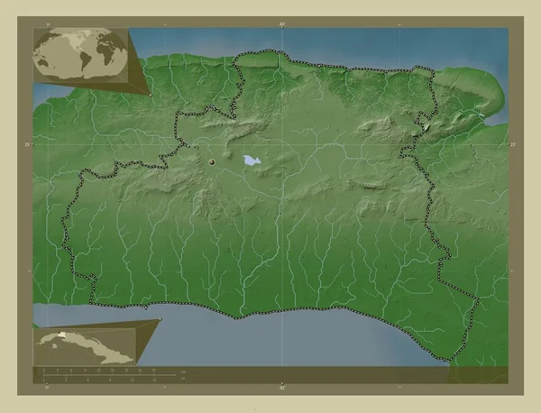 古巴省Mayabeque 用Wiki风格绘制的带有湖泊和河流的高程地图 角辅助位置图 — 图库照片