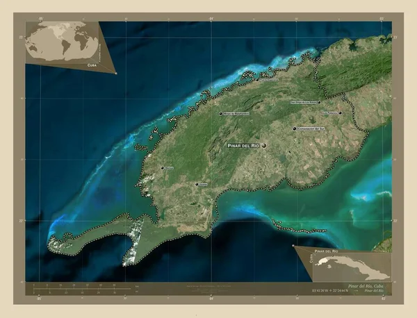 皮那尔德里奥省古巴 高分辨率卫星地图 该区域主要城市的地点和名称 角辅助位置图 — 图库照片