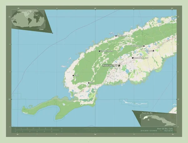 皮那尔德里奥省古巴 开放街道地图 该区域主要城市的地点和名称 角辅助位置图 — 图库照片
