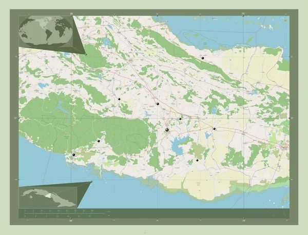キューバのサンティ スピリトゥス州 ストリートマップを開く 地域の主要都市の場所 コーナー補助位置図 — ストック写真
