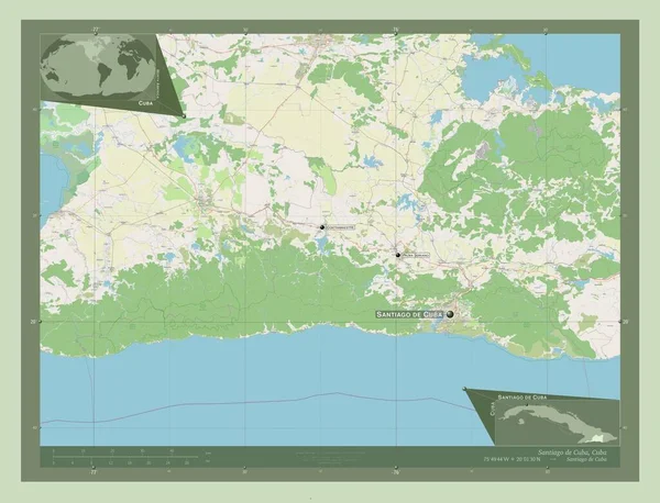圣地亚哥 古巴省 开放街道地图 该区域主要城市的地点和名称 角辅助位置图 — 图库照片