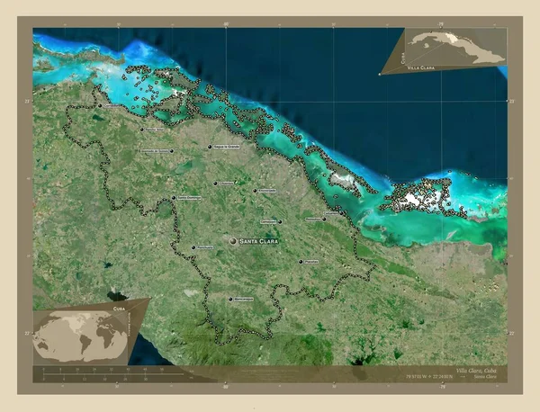 キューバのヴィラクララ 高解像度衛星地図 地域の主要都市の位置と名前 コーナー補助位置図 — ストック写真