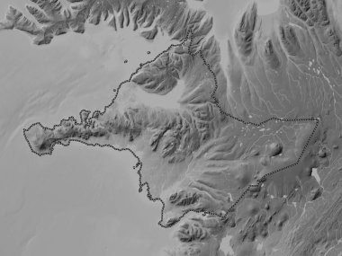 Vesturland, İzlanda bölgesi. Gölleri ve nehirleri olan gri tonlama yükseklik haritası