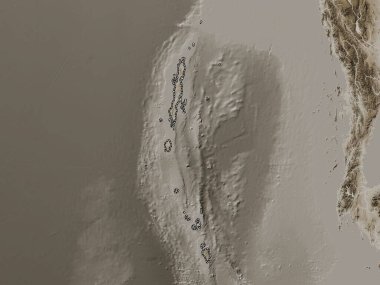 Andaman ve Nicobar, Hindistan 'ın birlik bölgesi. Yükseklik haritası sepya tonlarında göller ve nehirlerle renklendirilmiş