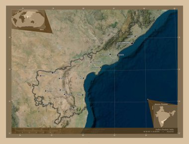 Andhra Pradesh, Hindistan Eyaleti. Düşük çözünürlüklü uydu. Bölgenin büyük şehirlerinin yerleri ve isimleri. Köşedeki yedek konum haritaları