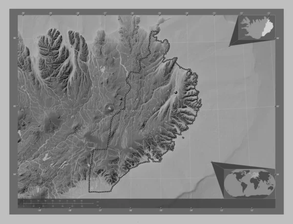 Austurland Область Ісландії Граймасштабна Мапа Висот Озерами Річками Кутові Допоміжні — стокове фото