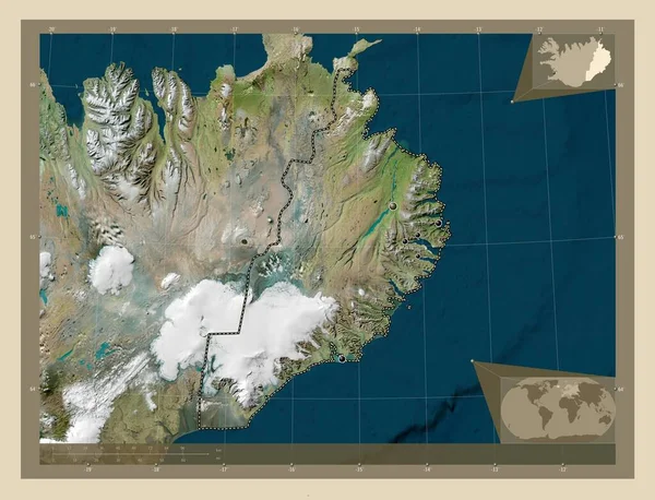 Austurland Περιφέρεια Ισλανδίας Υψηλής Ανάλυσης Δορυφορικός Χάρτης Τοποθεσίες Μεγάλων Πόλεων — Φωτογραφία Αρχείου