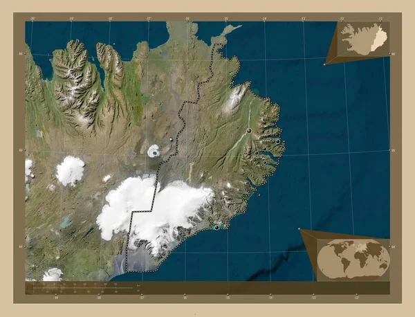 Austurland Region Islandii Niska Rozdzielczość Satelity Lokalizacje Dużych Miast Regionu — Zdjęcie stockowe