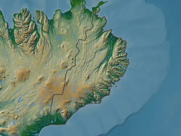 Austurland Região Islândia Mapa Elevação Colorido Com Lagos Rios — Fotografia de Stock