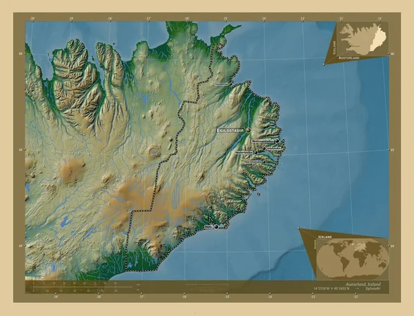 Austurland Область Ісландії Кольорові Карти Висот Озерами Річками Місця Розташування — стокове фото