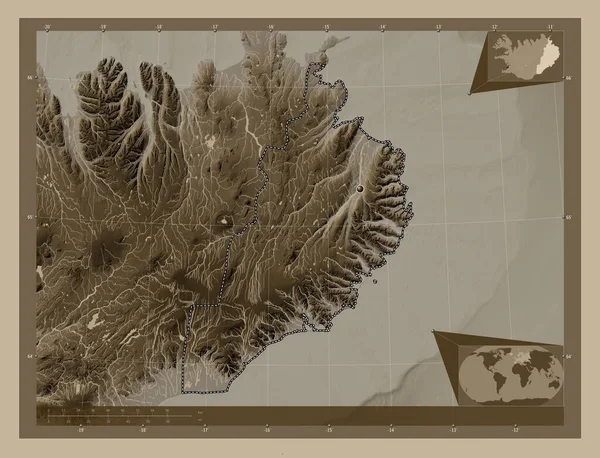 Остерланд Регион Исландии Карта Высоты Окрашенная Сепиевые Тона Озерами Реками — стоковое фото