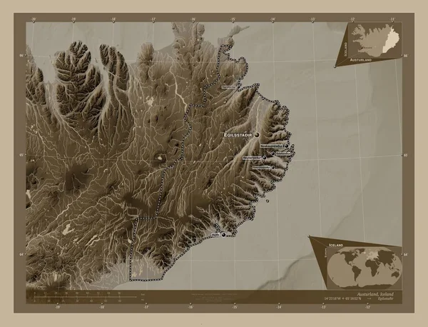 Остерланд Регион Исландии Карта Высоты Окрашенная Сепиевые Тона Озерами Реками — стоковое фото