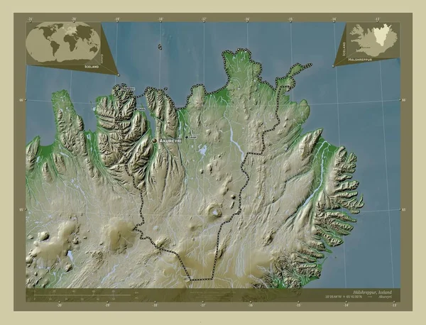 アイスランドの地域のHalshreppur 湖や川とWikiスタイルで着色された標高マップ 地域の主要都市の位置と名前 コーナー補助位置図 — ストック写真