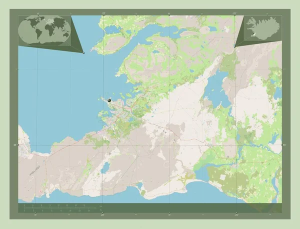 アイスランドの領域 Hofuborgarsvi ストリートマップを開く コーナー補助位置図 — ストック写真
