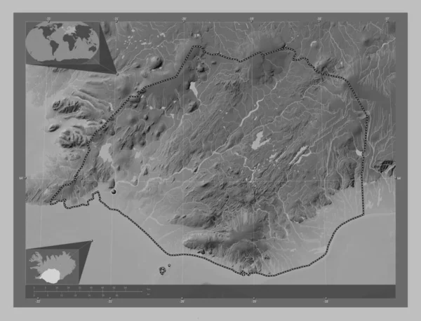 Suurland Regionen Island Grayscale Höjdkarta Med Sjöar Och Floder Hjälpkartor — Stockfoto