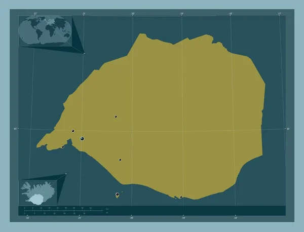 Suurland 冰岛地区 固体的颜色形状 该区域主要城市的所在地点 角辅助位置图 — 图库照片