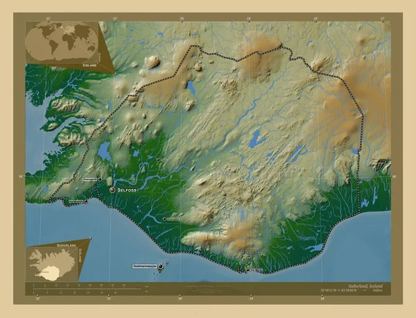 Suurland Region Islandii Kolorowa Mapa Wzniesień Jeziorami Rzekami Lokalizacje Nazwy — Zdjęcie stockowe