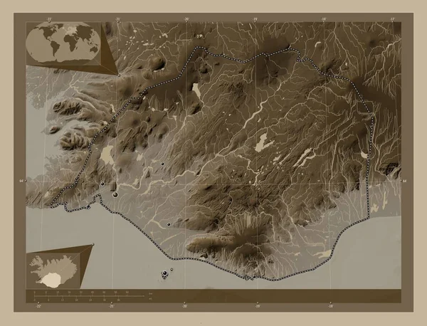 Suurland Região Islândia Mapa Elevação Colorido Tons Sépia Com Lagos — Fotografia de Stock
