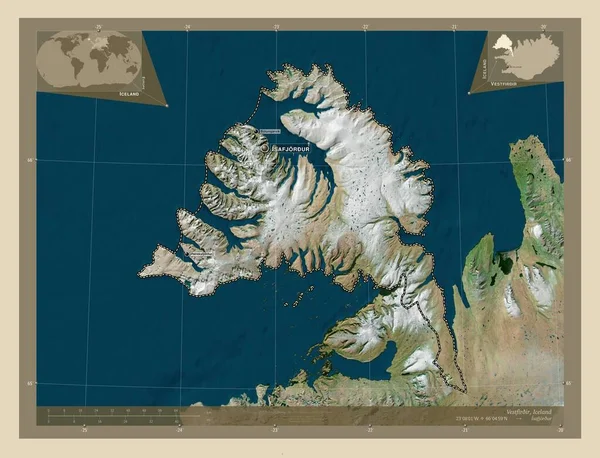 Vestfirir Περιφέρεια Ισλανδίας Υψηλής Ανάλυσης Δορυφορικός Χάρτης Τοποθεσίες Και Ονόματα — Φωτογραφία Αρχείου