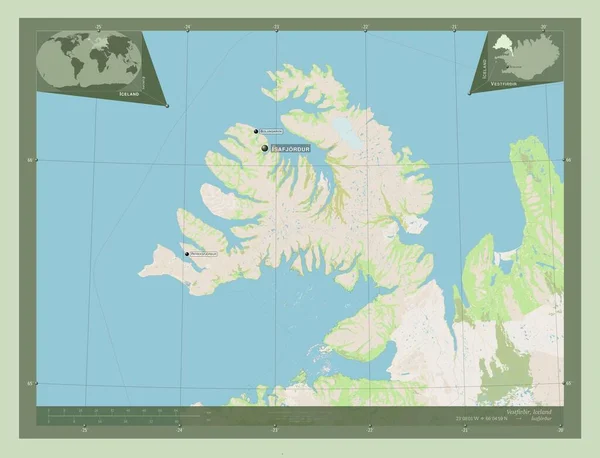 Vestfirir Region Islandii Otwórz Mapę Ulic Lokalizacje Nazwy Głównych Miast — Zdjęcie stockowe
