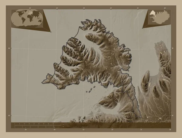 Vestfirir Región Islandia Mapa Elevación Coloreado Tonos Sepia Con Lagos — Foto de Stock