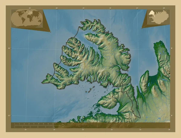 Vestfirir Región Islandia Mapa Elevación Colores Con Lagos Ríos Mapas —  Fotos de Stock