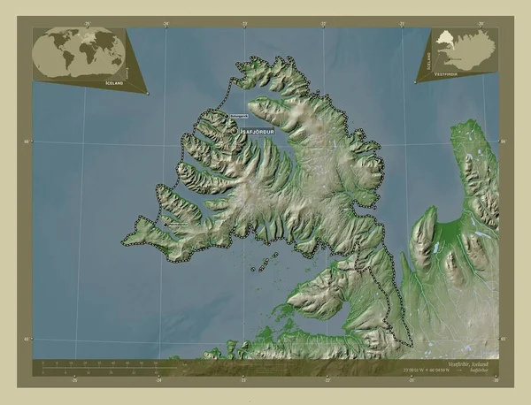 Vestfirir Region Islandii Mapa Wzniesień Kolorowa Stylu Wiki Jeziorami Rzekami — Zdjęcie stockowe