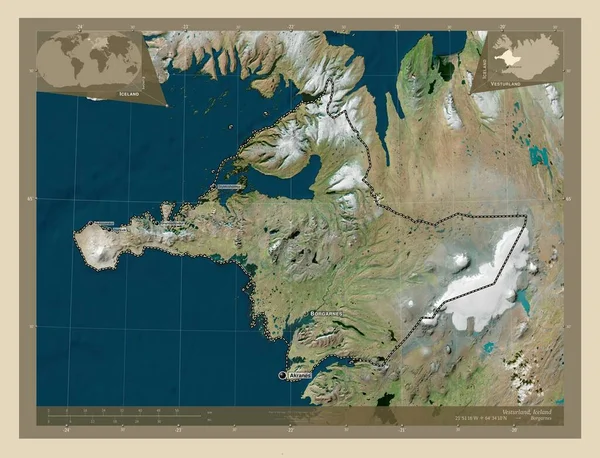Vesturland Περιφέρεια Ισλανδίας Υψηλής Ανάλυσης Δορυφορικός Χάρτης Τοποθεσίες Και Ονόματα — Φωτογραφία Αρχείου