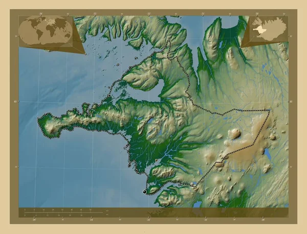 Vesturland Région Islande Carte Altitude Colorée Avec Lacs Rivières Emplacements — Photo