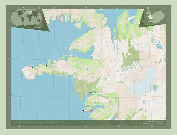 Vesturland Περιφέρεια Ισλανδίας Χάρτης Του Δρόμου Τοποθεσίες Και Ονόματα Μεγάλων — Φωτογραφία Αρχείου