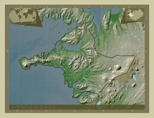 Vesturland Region Islandii Mapa Wzniesień Kolorowa Stylu Wiki Jeziorami Rzekami — Zdjęcie stockowe