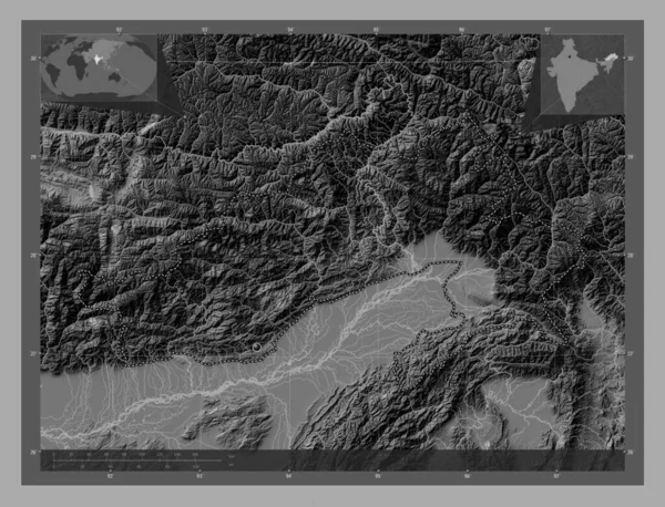 Аруначал Прадеш Штат Індія Білевелівська Карта Висот Озерами Річками Кутові — стокове фото