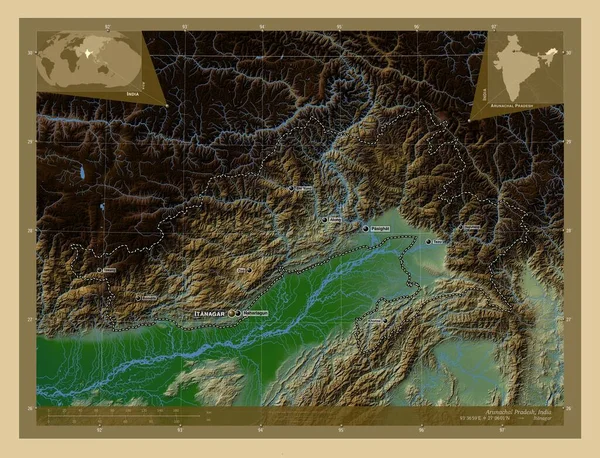 Arunachal Pradesh Stan Indie Kolorowa Mapa Wzniesień Jeziorami Rzekami Lokalizacje — Zdjęcie stockowe