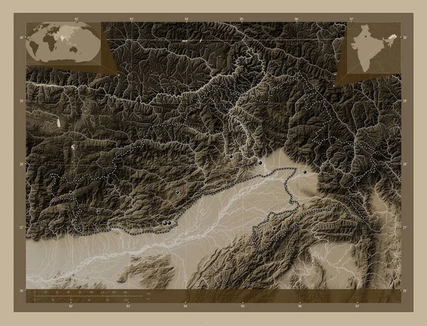 Arunachal Pradesh State India Elevation Map Colored Sepia Tones Lakes — Stock Photo, Image