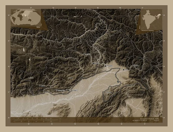 Аруначал Прадеш Штат Индия Карта Высоты Окрашенная Сепиевые Тона Озерами — стоковое фото