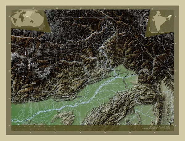 Arunachal Pradesh, state of India. Elevation map colored in wiki style with lakes and rivers. Locations and names of major cities of the region. Corner auxiliary location maps